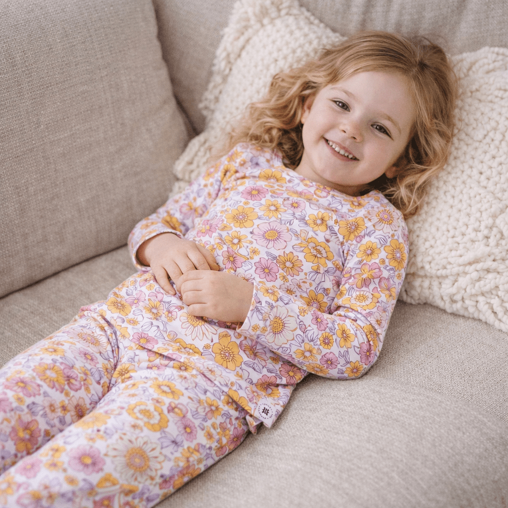 Retro Vintage Flowers Big Kid Pajama Set — Sweet Bamboo