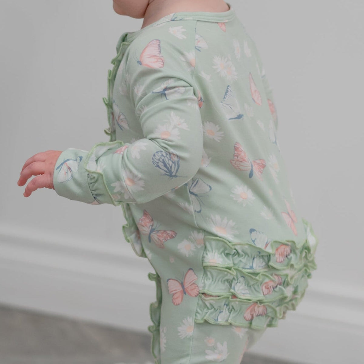 Mint Butterfly Daisy Bamboo Ruffle Baby Footie — Sweet Bamboo