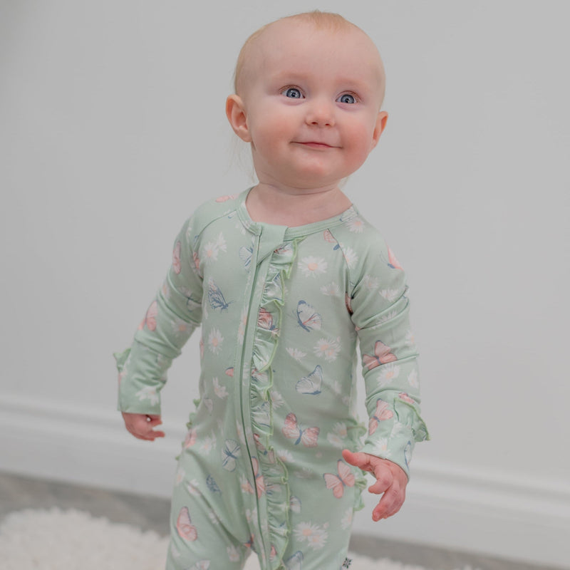 Mint Butterfly Daisy Bamboo Ruffle Baby Footie — Sweet Bamboo