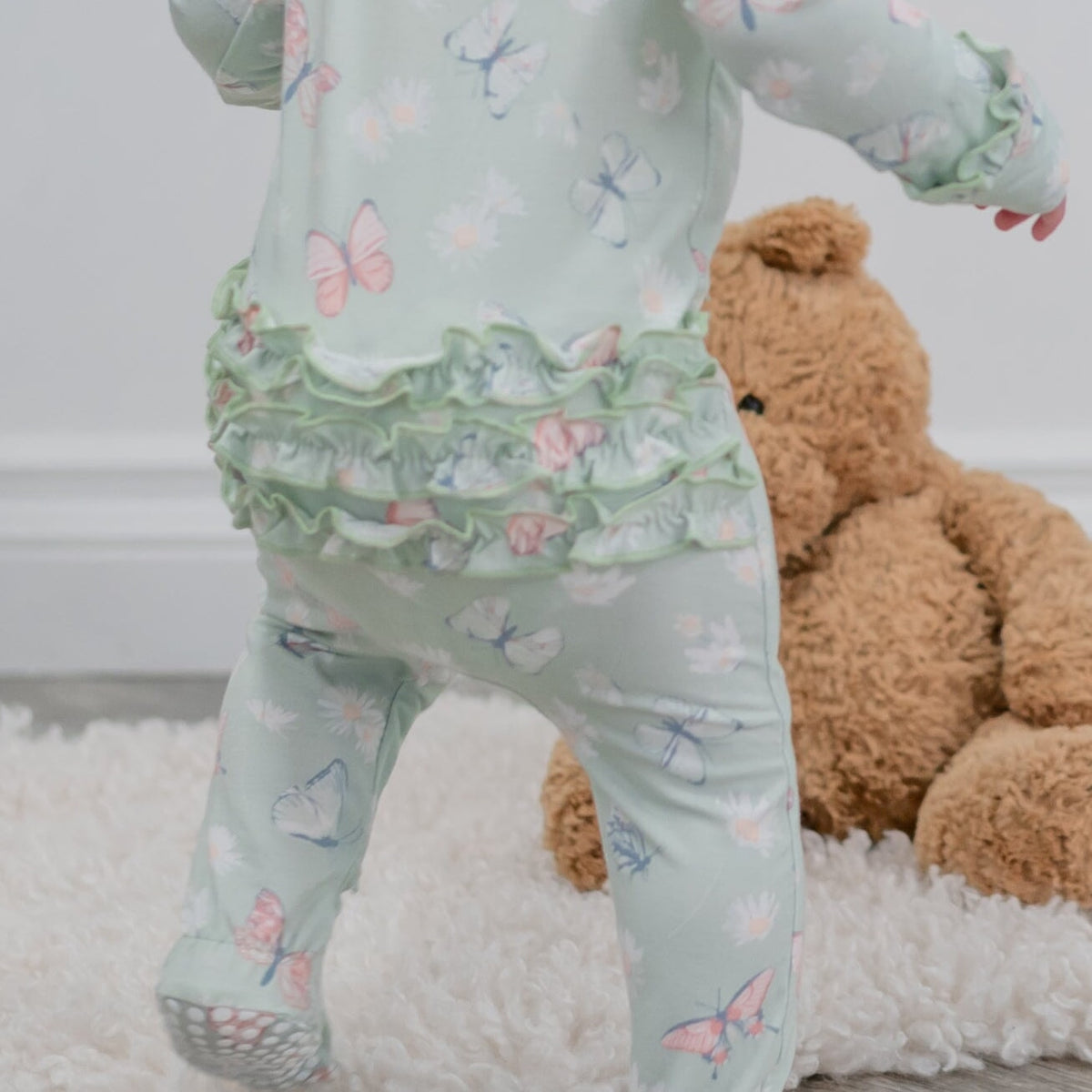 Mint Butterfly Daisy Bamboo Ruffle Baby Footie — Sweet Bamboo