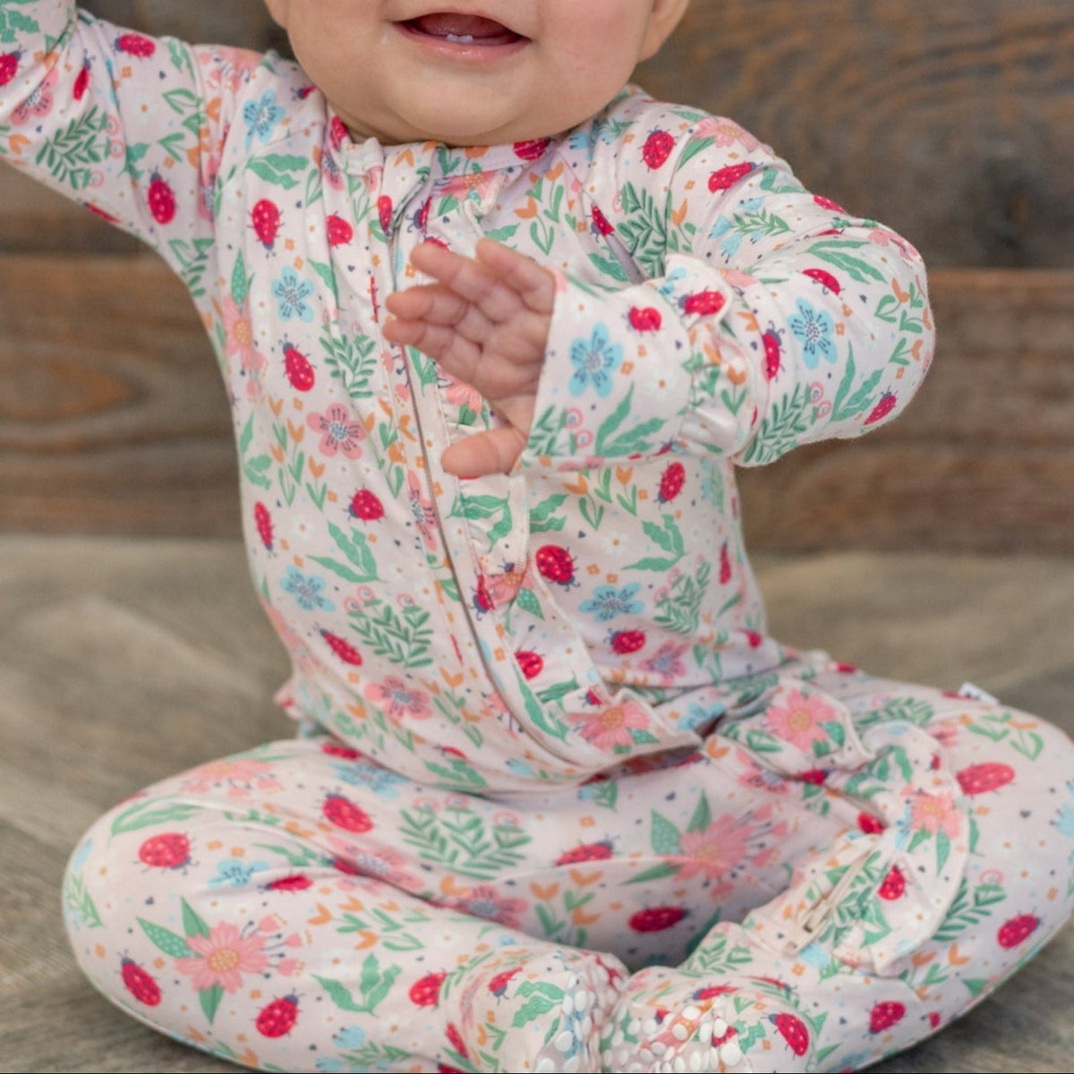 Ladybug Flower Garden Ruffle Baby Footie — Sweet Bamboo