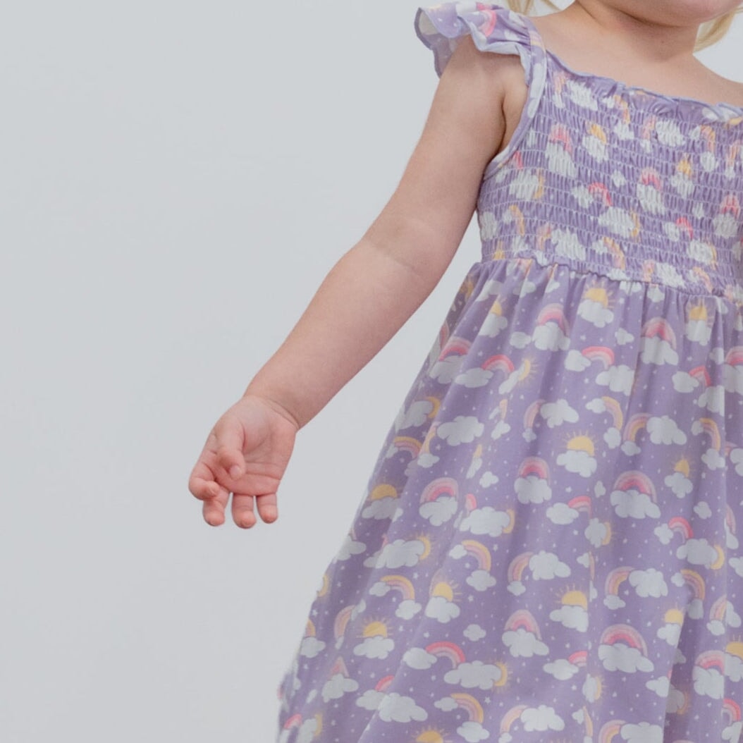 Lavender Rainbows and Clouds Smocked Vintage Dress — Sweet Bamboo