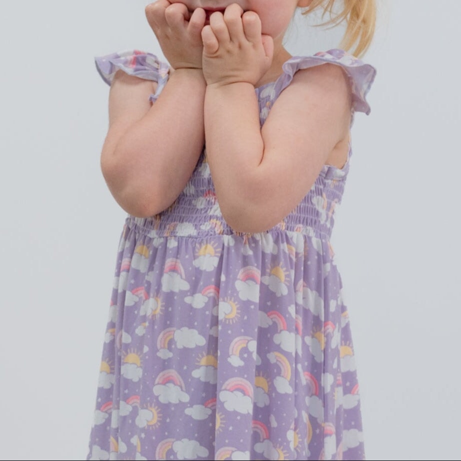 Lavender Rainbows and Clouds Smocked Vintage Dress — Sweet Bamboo