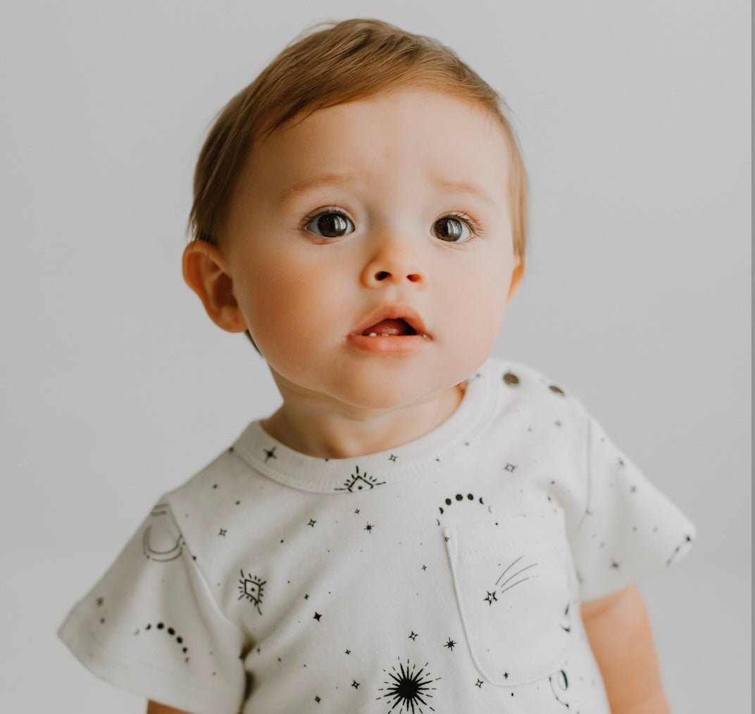 short sleeve romper | celestial — Finn + Emma