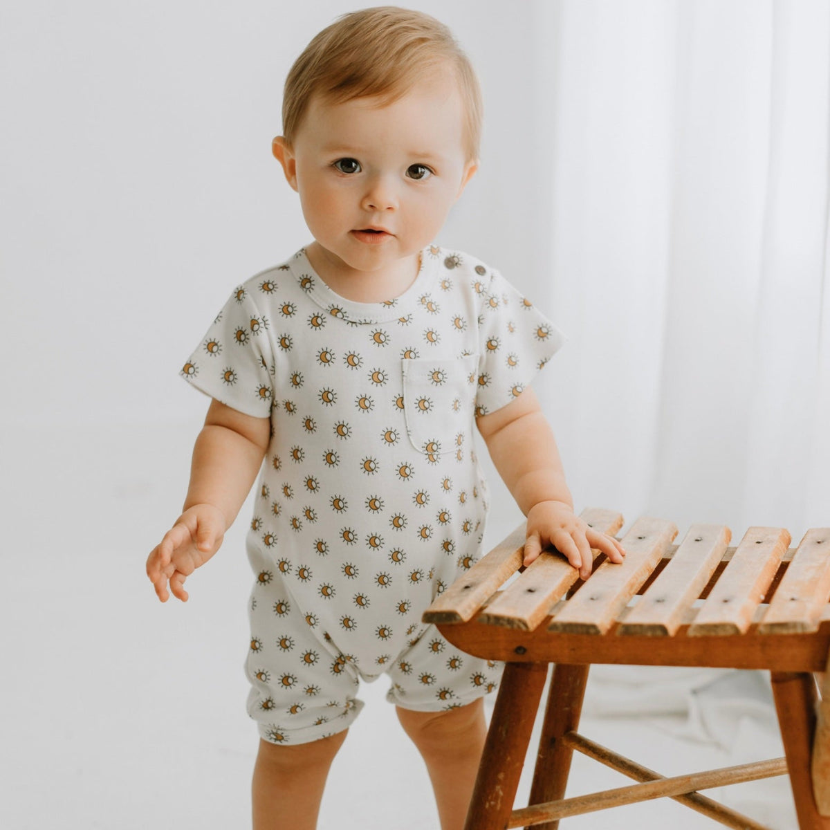 short sleeve romper | sun — Finn + Emma