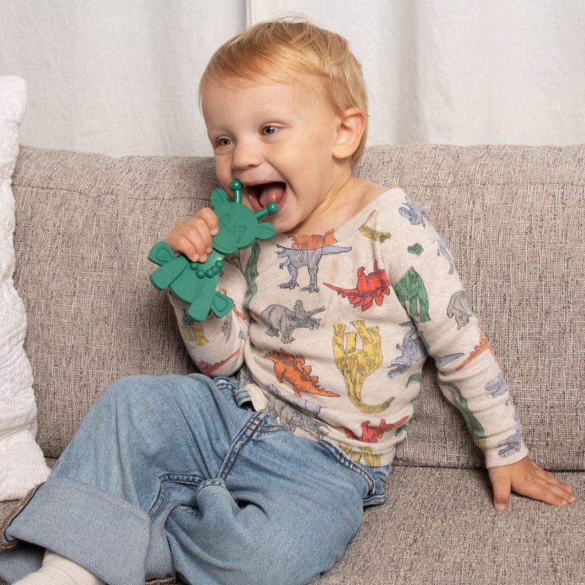 Dibly - Green - Baltic Amber & Natural Rubber Dinosaur Teether with Toothbrush Tail — Bambeado
