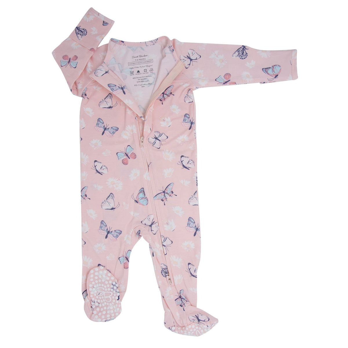 Pink Butterfly Daisy Bamboo Zipper Footie — Sweet Bamboo