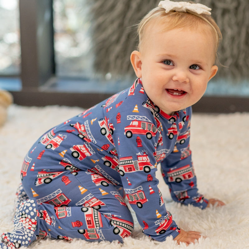 Blue Fire Truck Zipper Footie — Sweet Bamboo