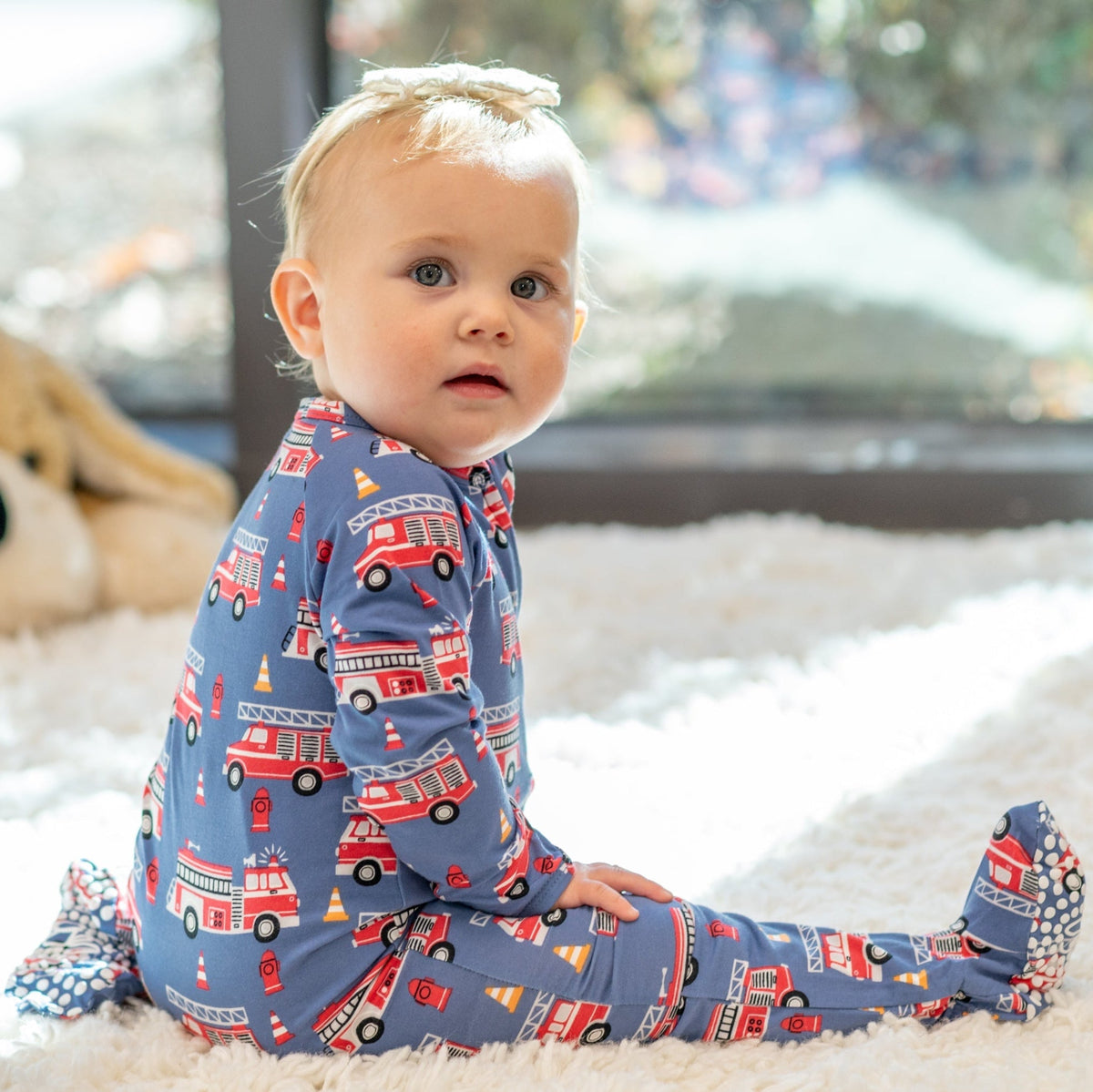 Blue Fire Truck Zipper Footie — Sweet Bamboo