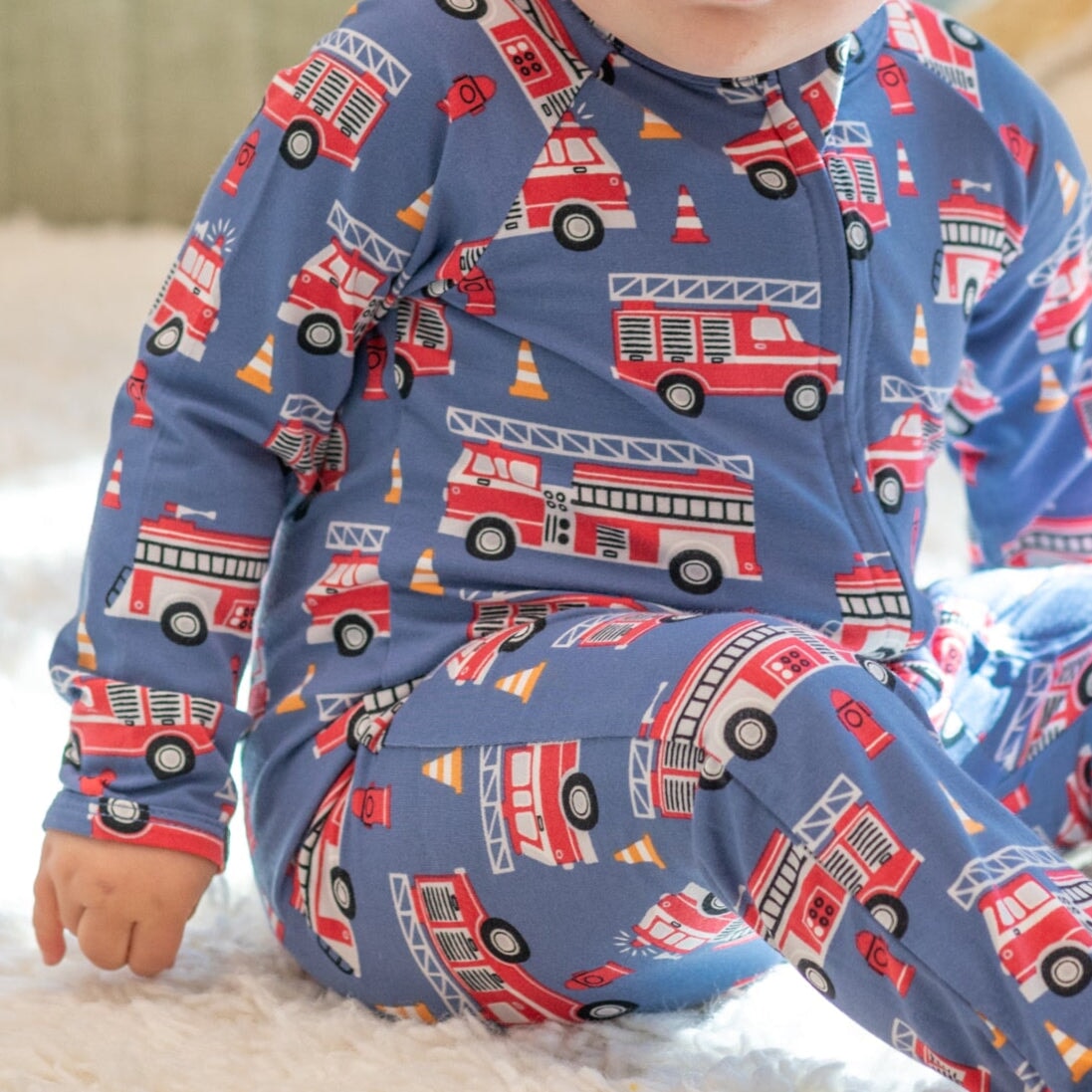 Blue Fire Truck Zipper Footie — Sweet Bamboo